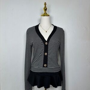 y2k ultra flirt gray & black striped blouse brown buttons 2000s coquette grunge